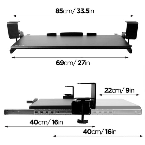 Duronic Keyboard Drawers  showing 85cm width, 69cm tray surface, and 40cm sliding depth extension.