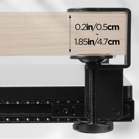 Duronic Keyboard Drawers showing a thickness compatibility range of 0.2 to 1.85 inches.