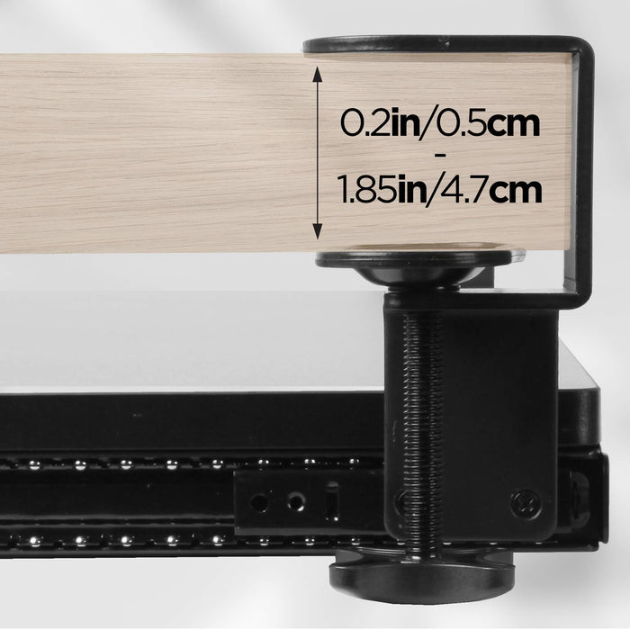 Duronic Keyboard Drawers showing a thickness compatibility range of 0.2 to 1.85 inches.