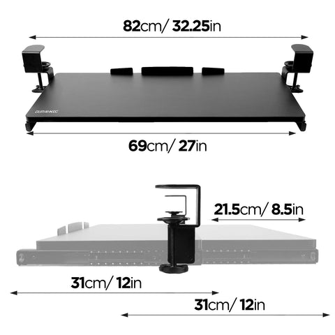 Duronic Keyboard Drawers showing width, depth, and sliding extension measurements in centimeters and inches.