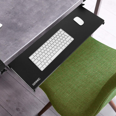 Duronic Keyboard Drawers with white keyboard and mouse next to green chair.