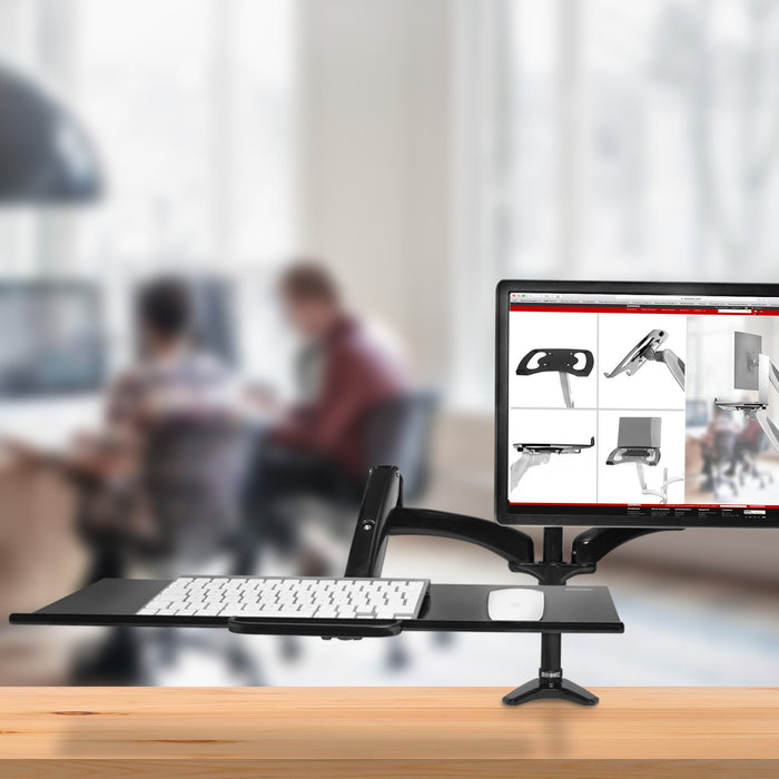 Duronic Keyboard Platform holding a computer monitor and a keyboard tray with a white mouse.