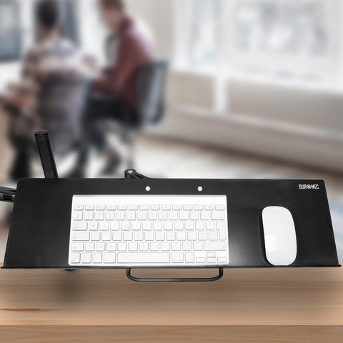 Duronic Keyboard Platform holding a white keyboard and mouse above a wooden desk.