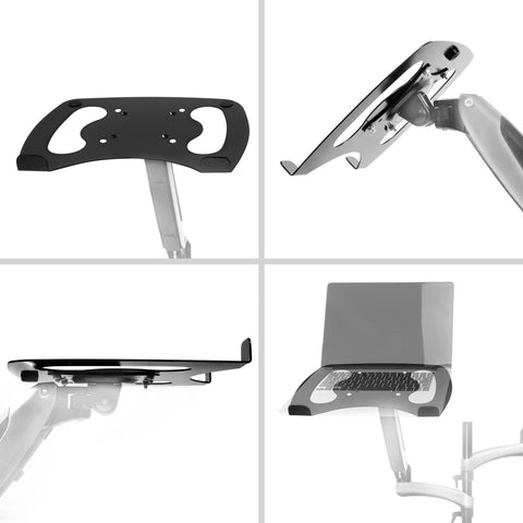 Duronic Laptop Attachment Stand attachment on an adjustable monitor arm, displaying four product angles.