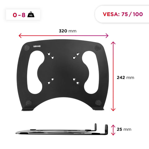 Duronic Laptop Attachment Stand with 320mm width, 242mm height, and 0-8kg weight capacity.