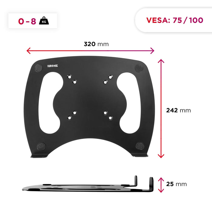 Duronic Laptop Attachment Stand with 320mm width, 242mm height, and 0-8kg weight capacity.