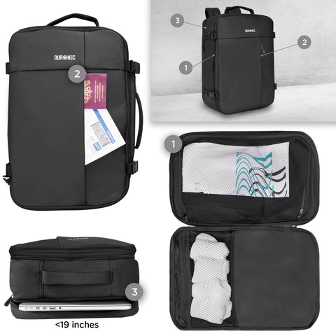 Duronic Laptop Backpack featuring zippered pockets, a laptop compartment, and a clamshell opening.