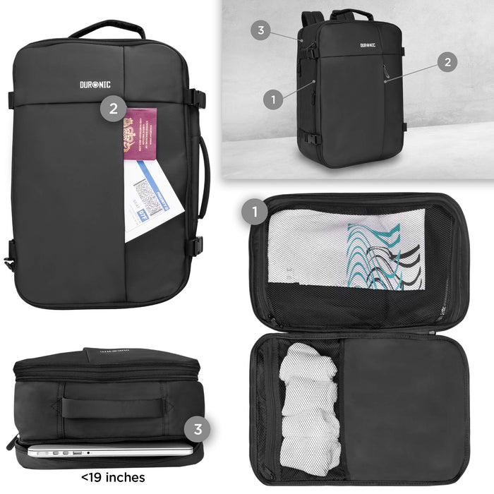 Duronic Laptop Backpack featuring zippered pockets, a laptop compartment, and a clamshell opening.