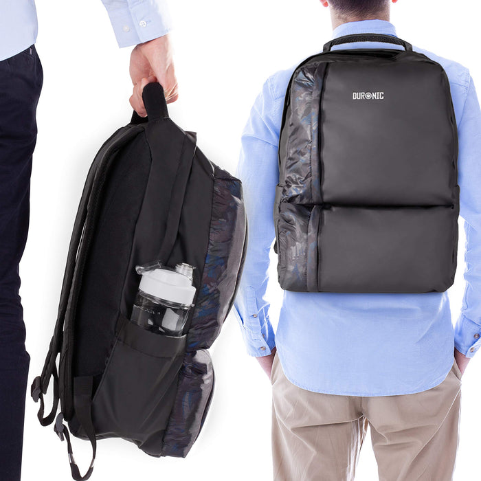 Duronic Laptop Backpack showing its side pocket and back fit.