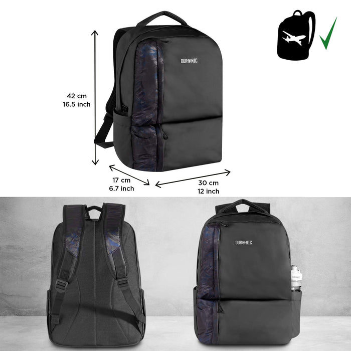 Duronic Laptop Backpack with blue pattern accents, side pocket, and flight-approved dimension labels.