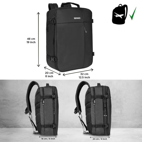 Duronic Laptop Backpack with expandable depth dimensions shown for airline carry-on compliance.