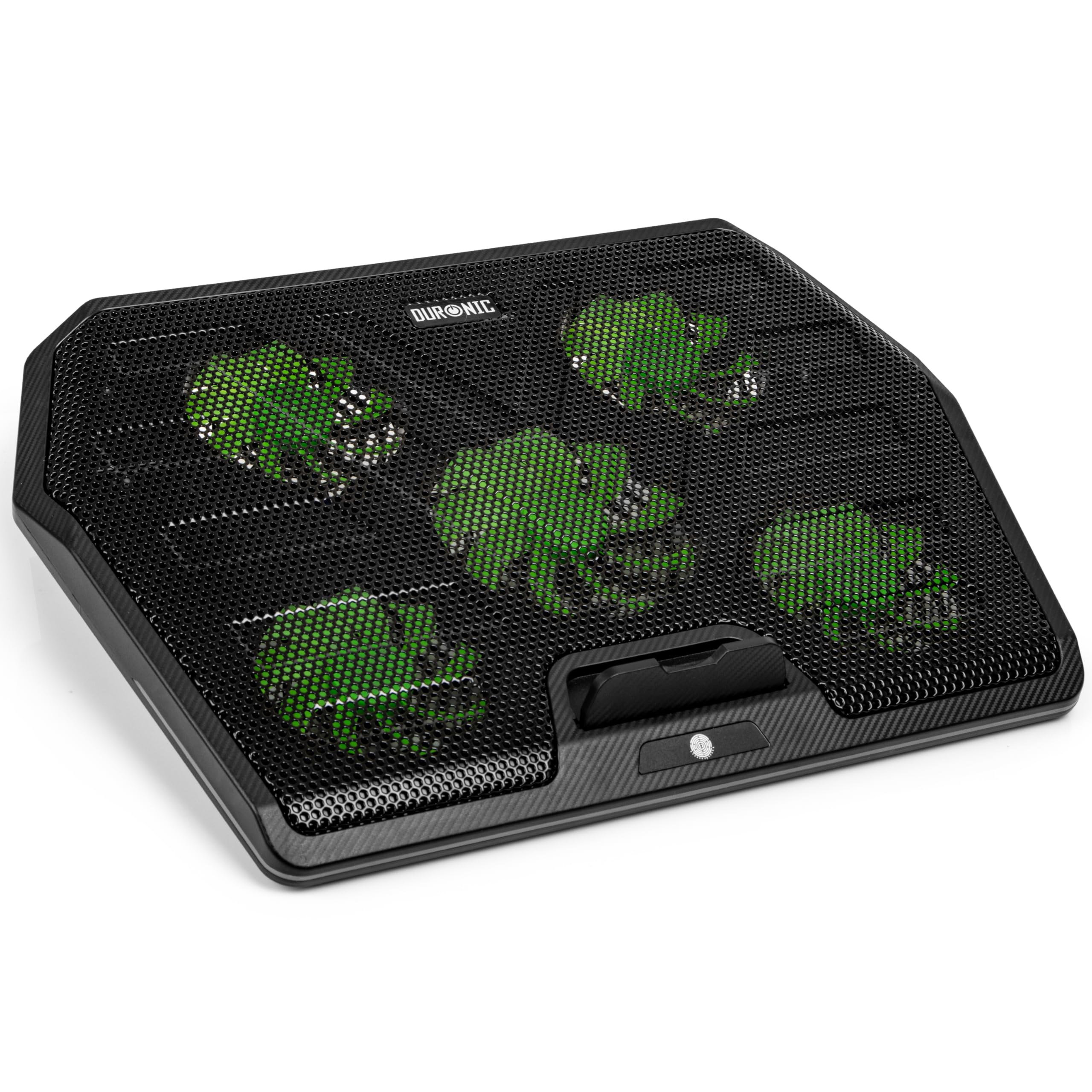 Duronic Laptop Cooling Pad with five green LED-illuminated fans and a black mesh surface