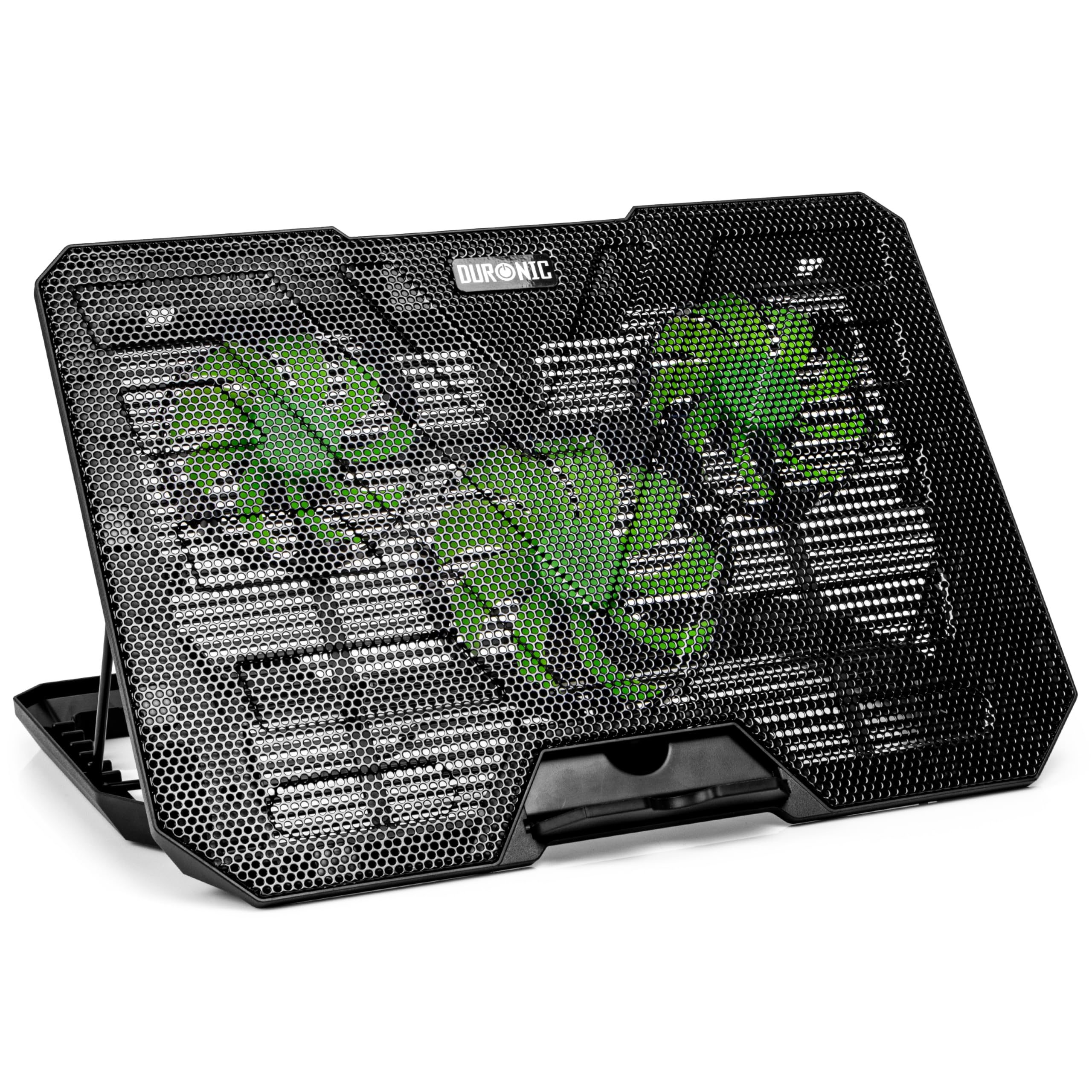Duronic Laptop Cooling featuring three green LED fans behind a metal mesh surface and an adjustable height stand.