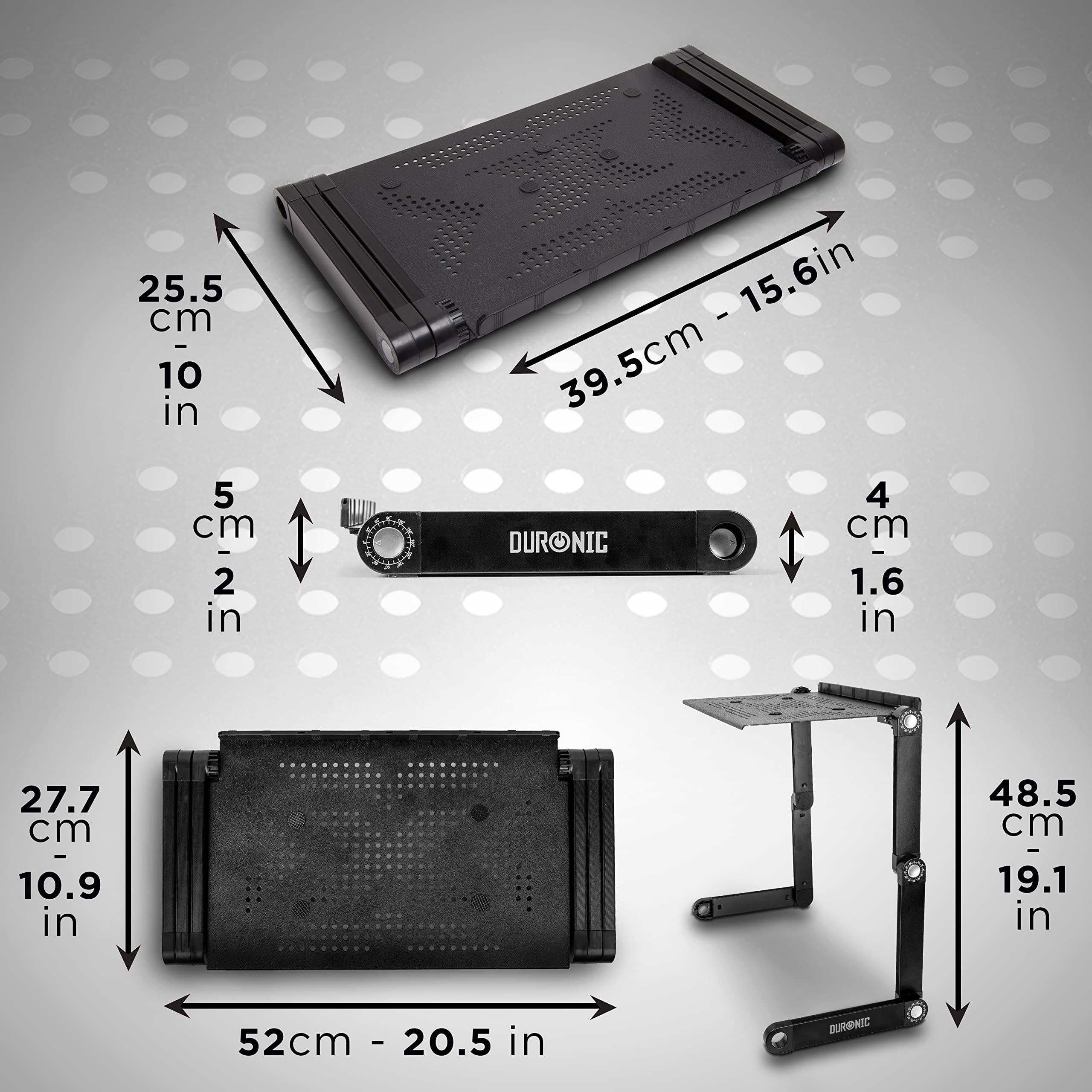 Duronic Laptop Stand showing folded dimensions, flat tray size, and fully extended height.
