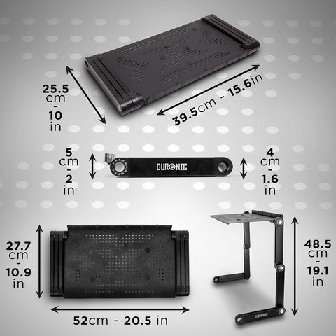 Duronic Laptop Stand showing folded dimensions, flat tray size, and fully extended height.