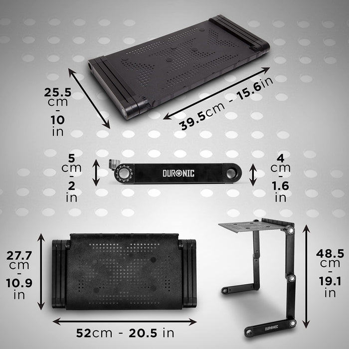 Duronic Laptop Stand showing folded dimensions, flat tray size, and fully extended height.