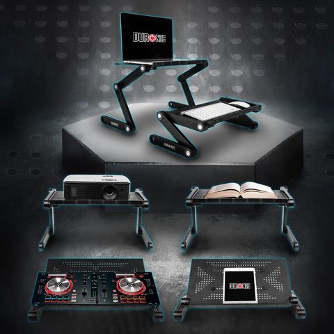 Duronic Laptop Stand shown in six different configurations holding electronics, books, and DJ equipment.