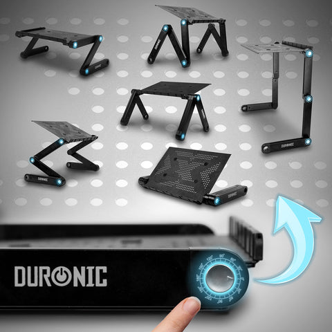 Duronic Laptop Stand shown in six different ergonomic configurations with angle dial indicator.
