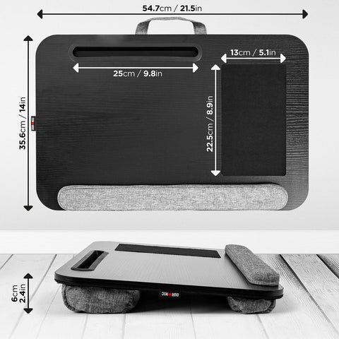 Duronic Laptop Tray dimensions: 21.5 inches wide, 14 inches deep, with mouse pad and wrist rest.
