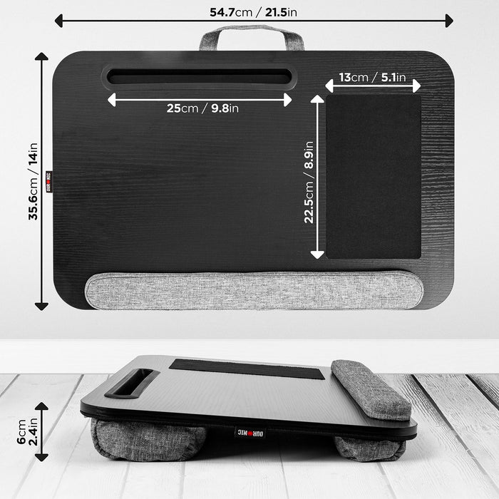 Duronic Laptop Tray dimensions: 21.5 inches wide, 14 inches deep, with mouse pad and wrist rest.