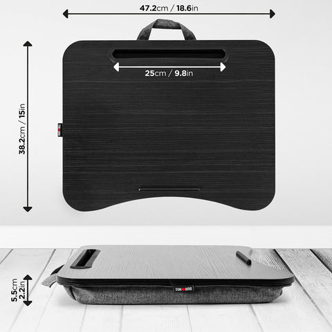 Duronic Laptop Tray showing dimensions for home office.