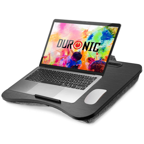 Duronic Laptop Tray with Cushion  with a wood-grain surface holding a laptop and white mouse.