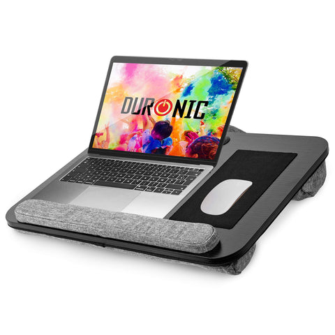 Duronic Laptop Tray with Cushion with gray cushion base, wrist rest, and mouse pad.