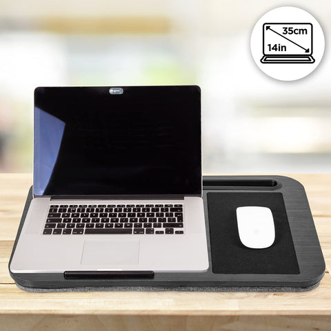 Duronic Laptop Tray with Cushion with mouse pad and phone slot, holding a 14-inch laptop on wooden table.