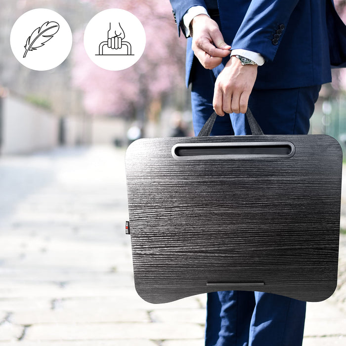 Duronic Laptop Tray with a man in a suit carrying the lightweight tray