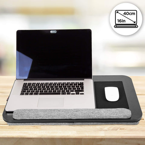 Duronic Laptop Tray with grey wrist rest and mouse pad holding a 16-inch silver laptop.
