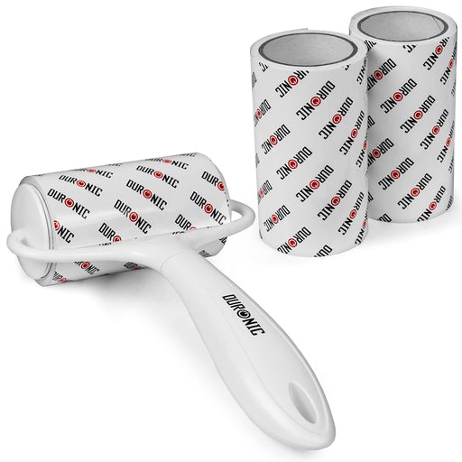 Duronic Lint Roller with ergonomic handle and two additional adhesive replacement refill rolls.
