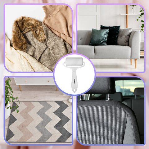Duronic Lint Roller with four application examples: clothing, sofa, area rug, and car upholstery.