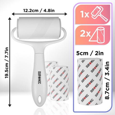 Duronic Lint Roller with white handle, two replacement refills, and detailed product dimension measurements.