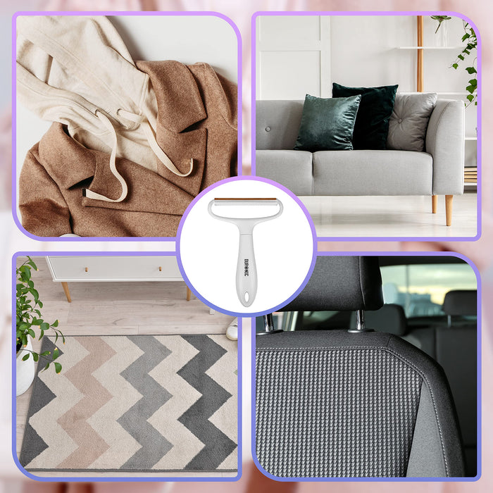 Duronic Lint Shaver shown used on clothing, sofa cushions, patterned rugs, and car upholstery.