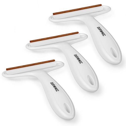 Duronic Lint Shaver with white ergonomic handles and copper scraping blades.