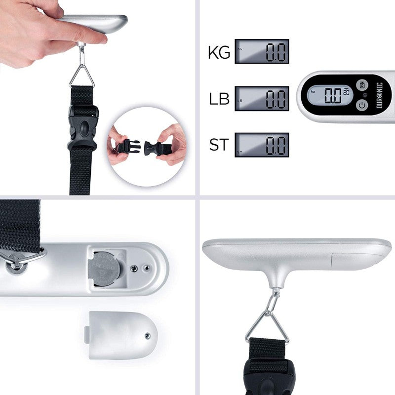 Duronic Luggage Scales Silver showing buckle strap, LCD screen displaying kilograms, pounds, and stone measurements.