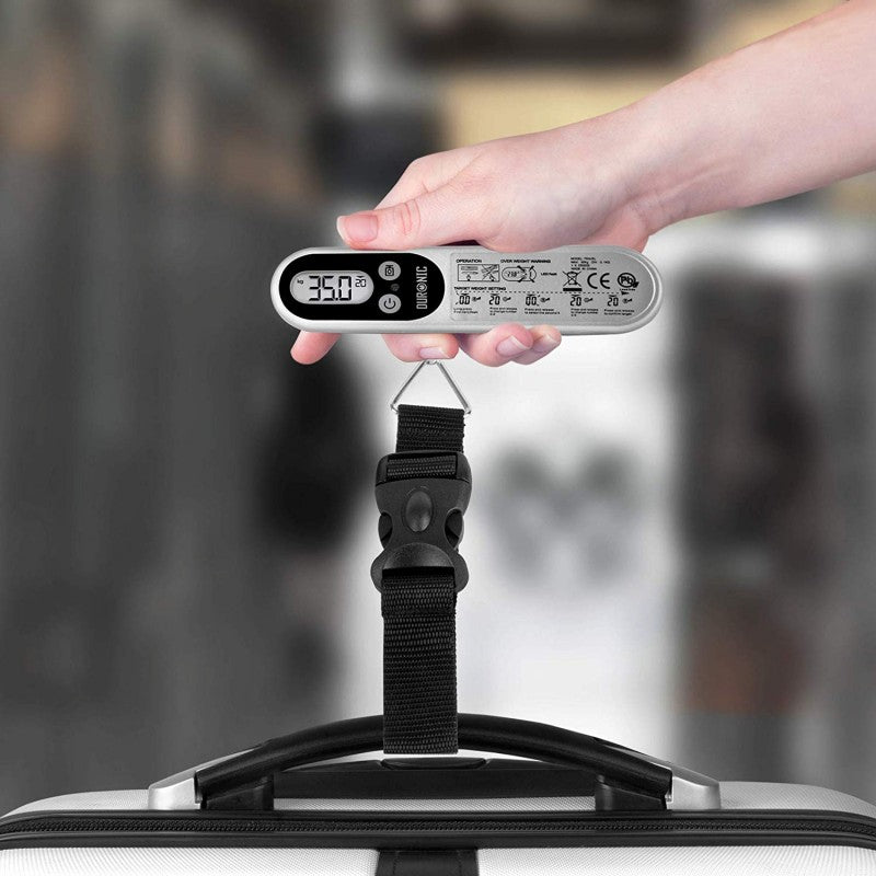 Duronic Luggage Scales Silver weighing a silver suitcase, displaying 35.0 kg.