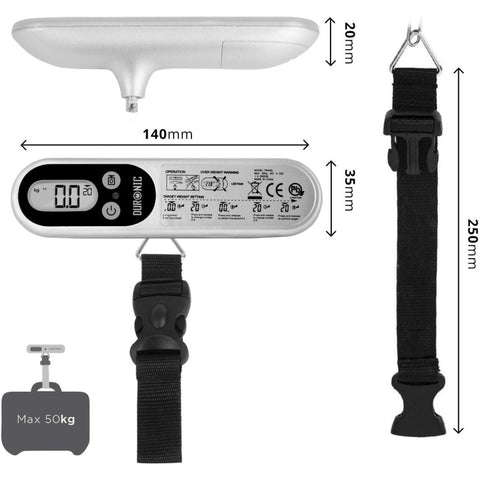 Duronic Luggage Scales Silver with dimensions, black strap, and 50kg maximum weight capacity diagram.