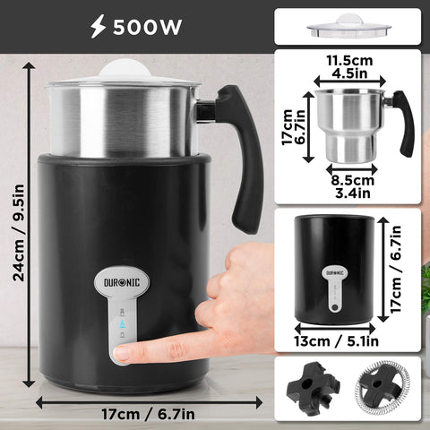 Duronic MF500 BK electric milk steamer with dimensions and 2 magnetic stirrers included, 500W wattage