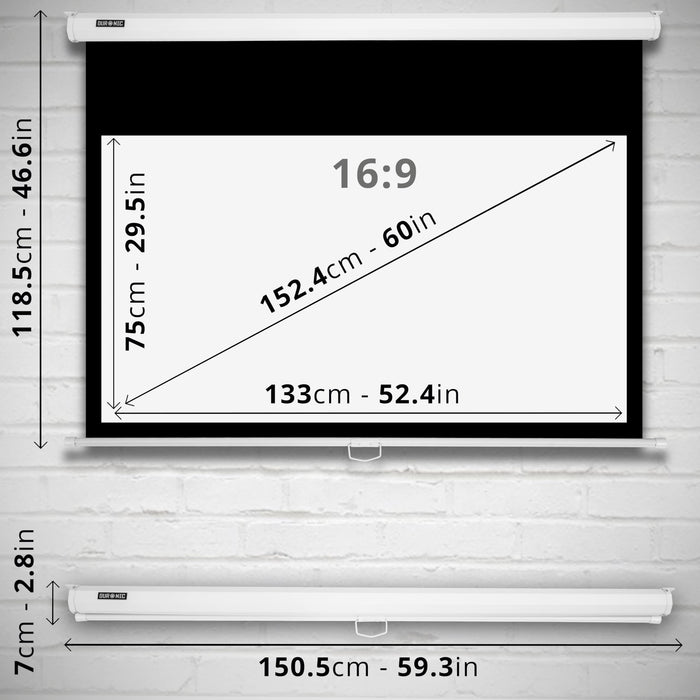 Duronic MPS60 /43 WE HD projector screen dimensions showing height, width, length and depth