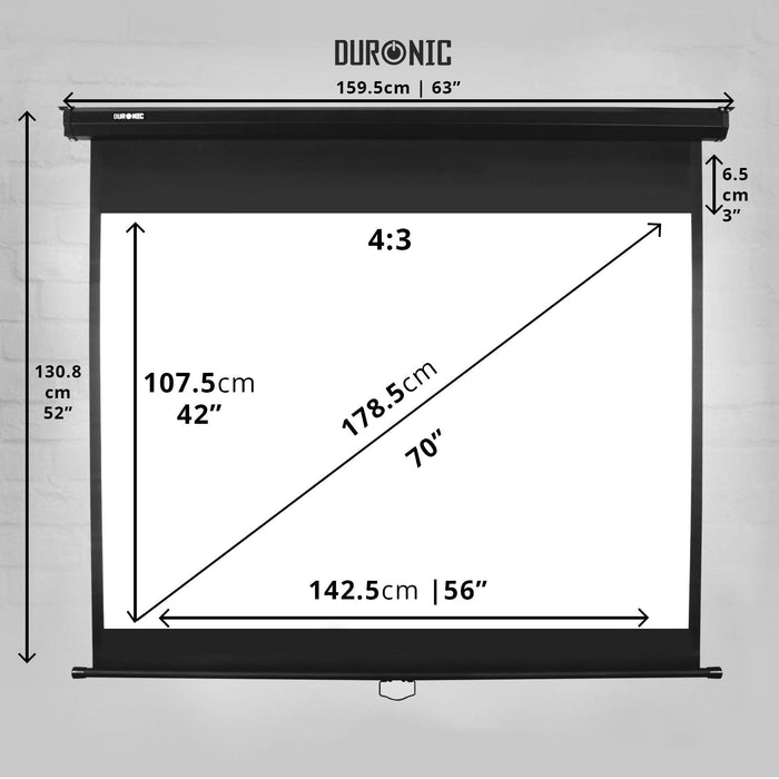Duronic MPS70/43 BK viewing projector screen dimensions of height, length, width, depth
