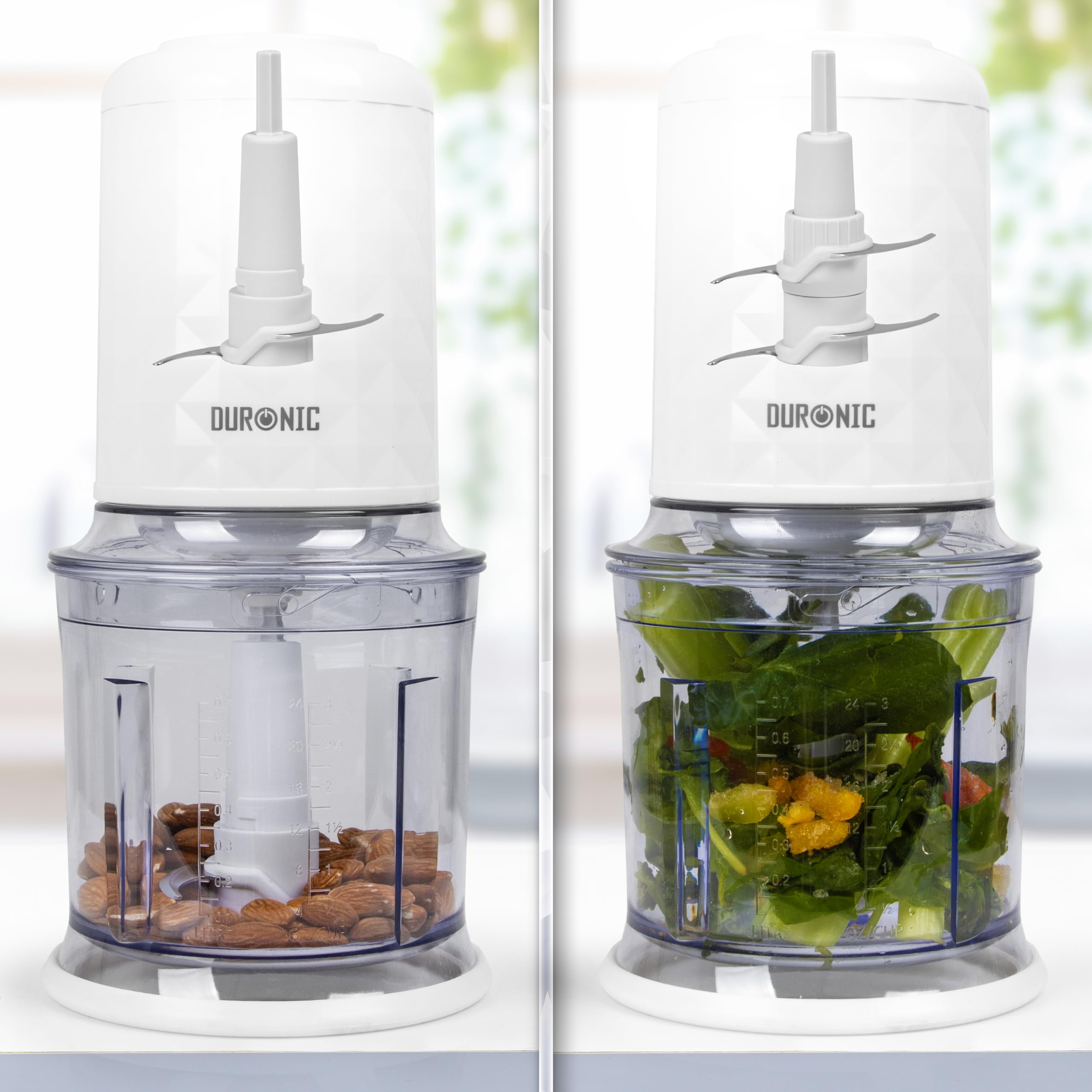 Duronic Mini Chopper demonstrating its ability to chop almonds with a single blade and leafy greens with a double-blade attachment.