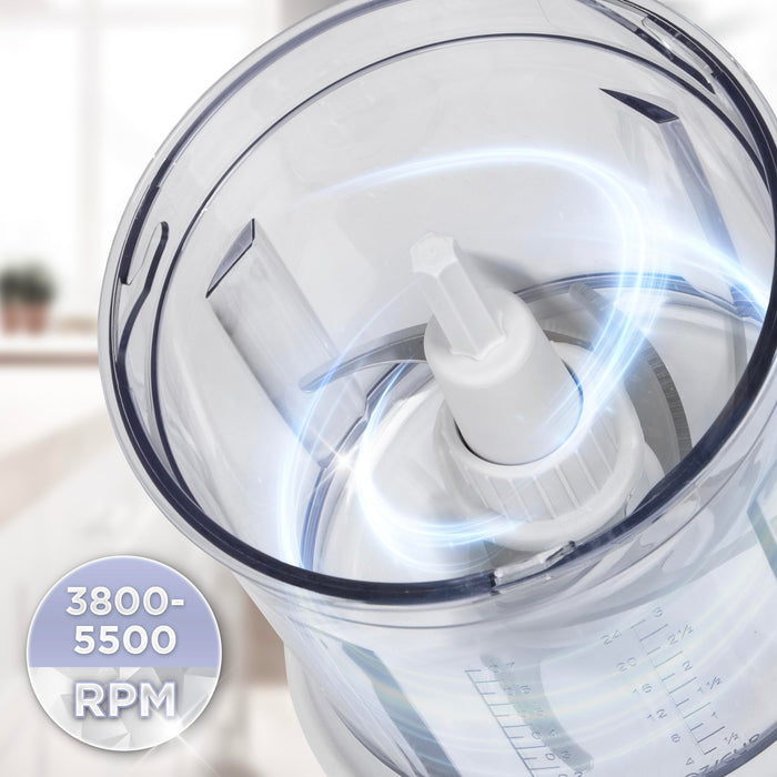 Duronic Mini Chopper featuring sharp stainless steel blades and a graphic highlighting a powerful 3800-5500 RPM motor.