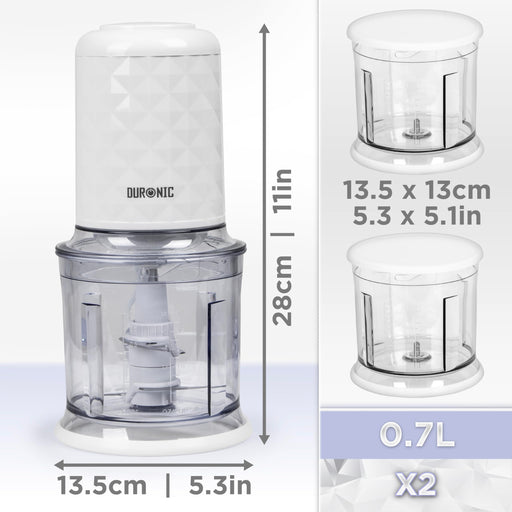 Duronic Mini Chopper with product dimension. 