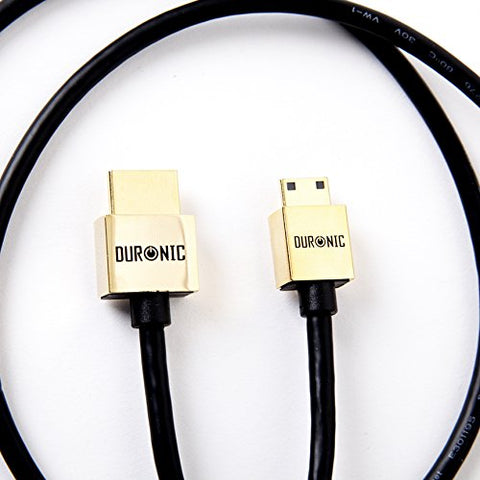 Duronic Mini HDMI Cable featuring a black cord and sleek metallic connectors.