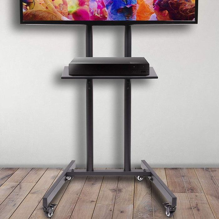Duronic Mobile TV Stand on Wheels featuring a media shelf holding a streaming device