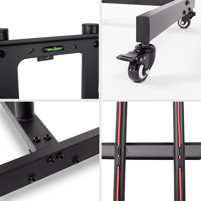 Duronic Mobile TV Stand on Wheels showcasing a black metal stand's bubble level, caster wheels, and hardware.
