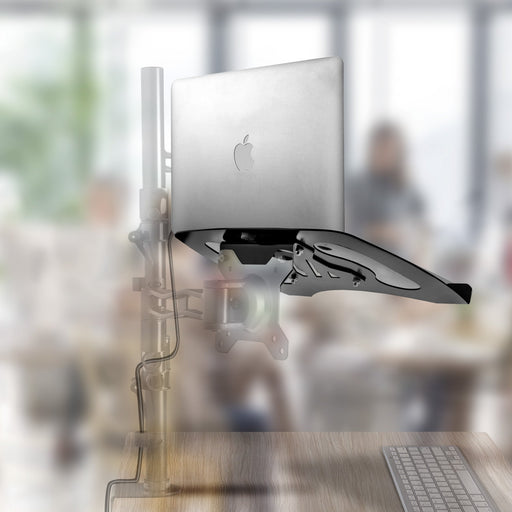 Duronic Monitor Arm Laptop Attachment holding a black laptop tray with an open silver MacBook.