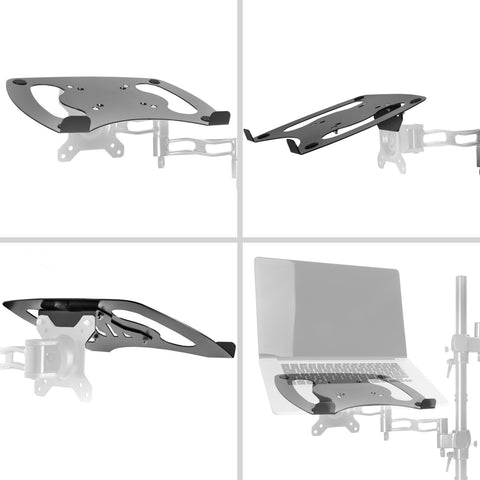 Duronic Monitor Arm Laptop Attachment holding a silver laptop on an adjustable monitor arm.