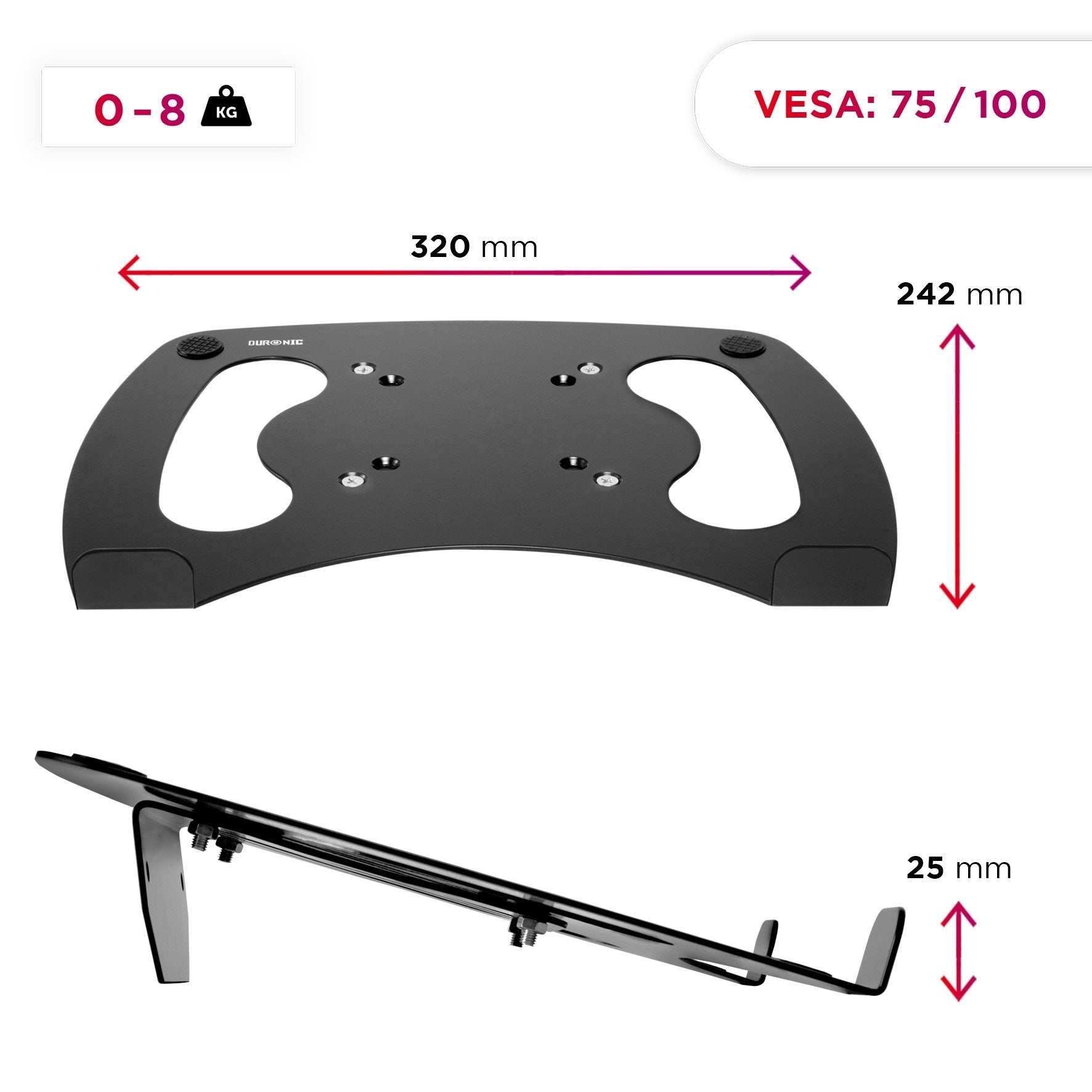 Duronic Monitor Arm Laptop Attachment with dimensions 320mm by 242mm and 8kg capacity.